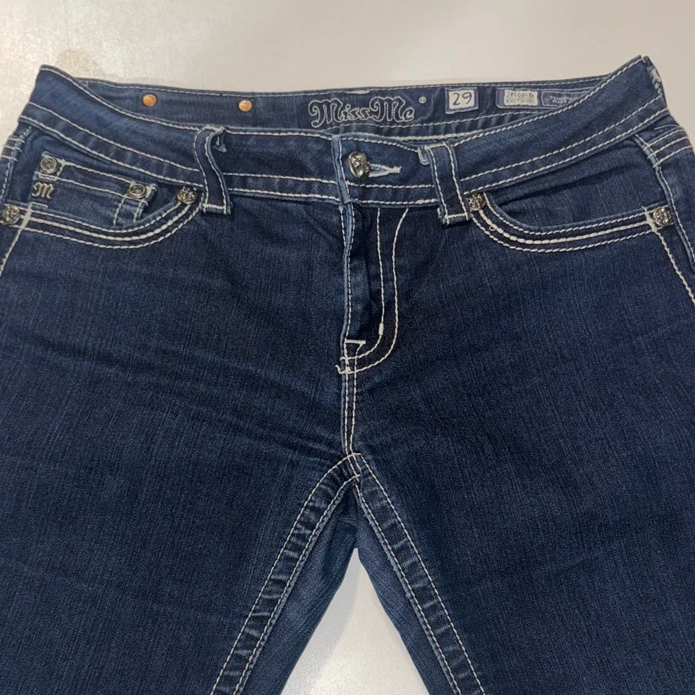 MISS ME Dark Indigo Easy Boot Cut‎ Jeans 29 Bedazzled Dark Blue Denim Rhinestone